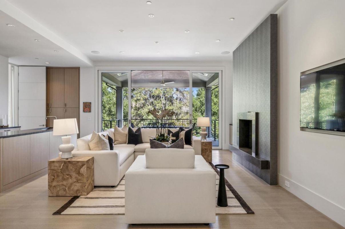 Fireplace, Interior, Living room, Recessed Lighting, Wood Texture Flooring