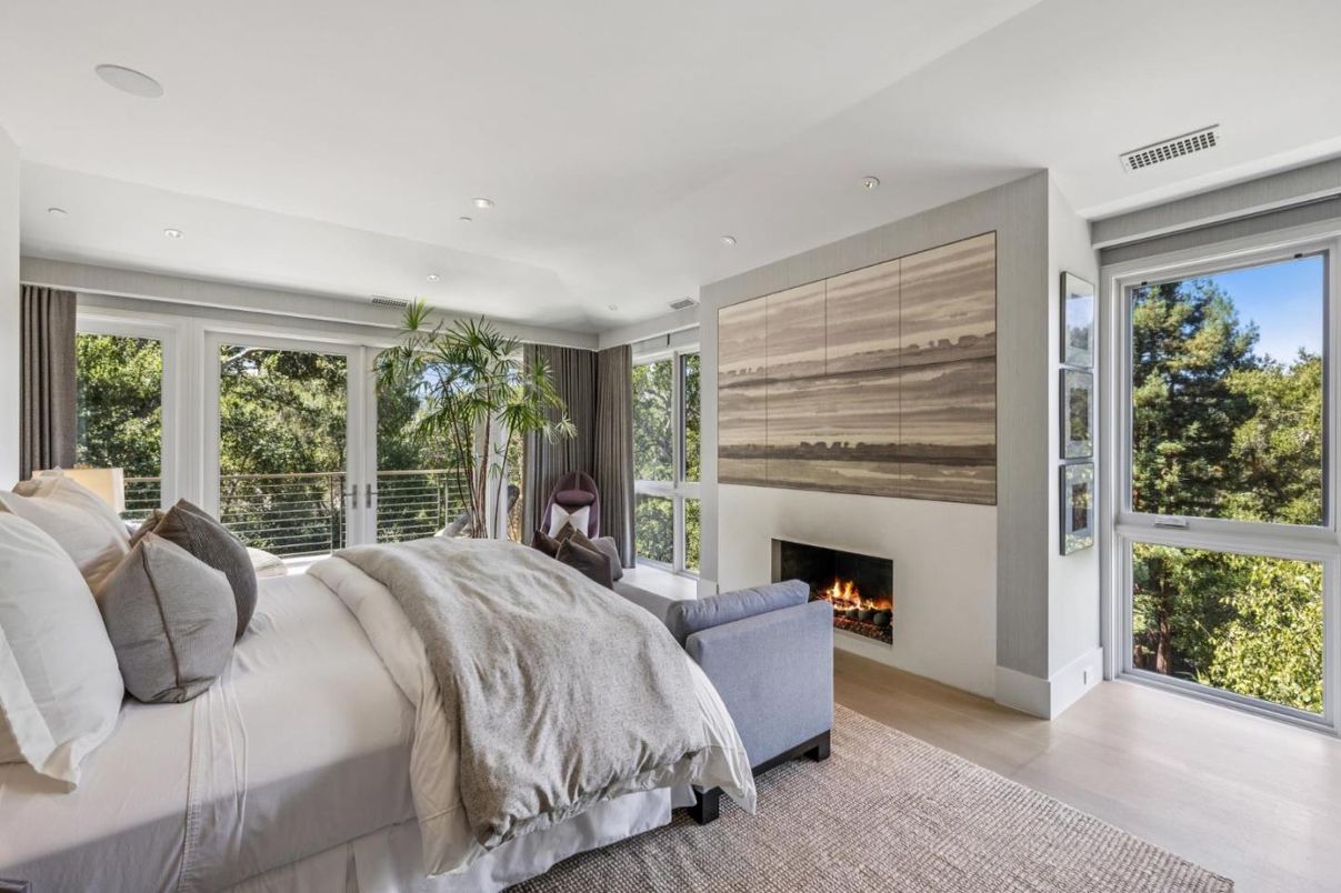 Bedroom, Fireplace, Interior, Recessed Lighting, Wood Texture Flooring