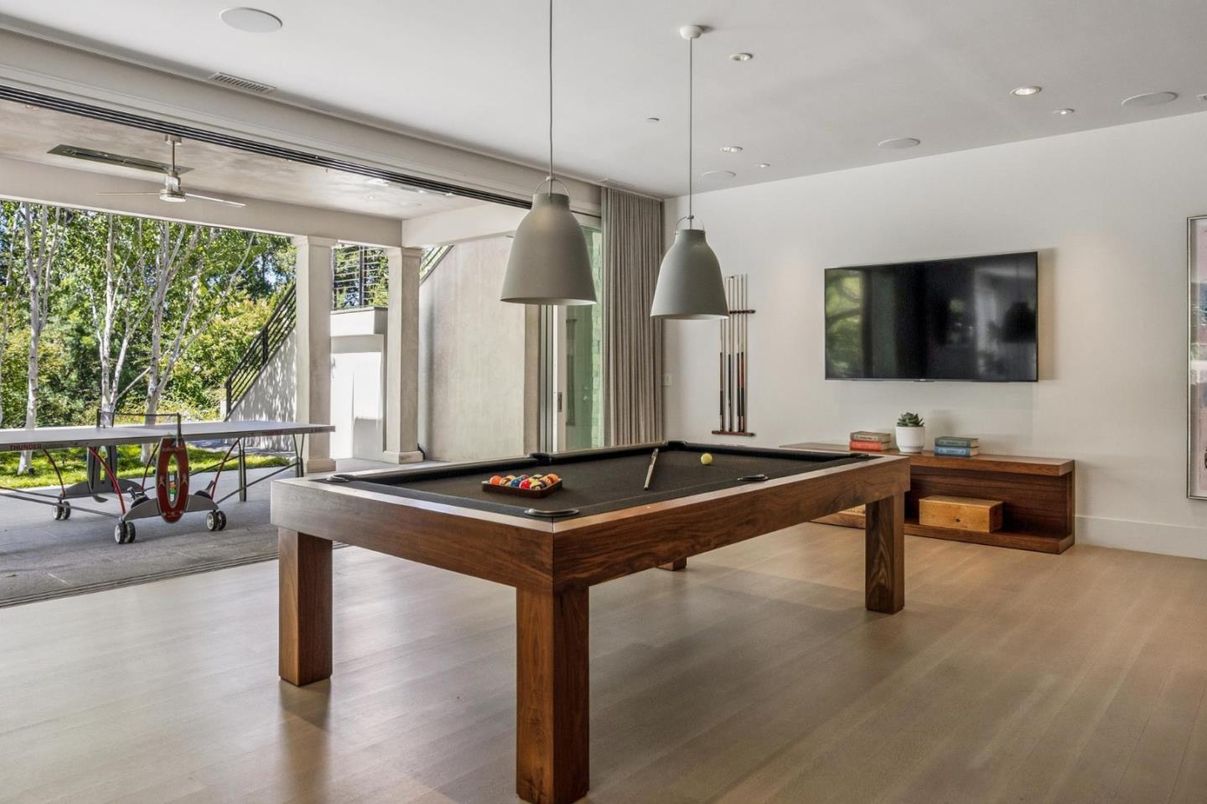 Billiard Table, Game Room, Interior, Pendant Lights, Recessed Lighting, Wood Texture Flooring