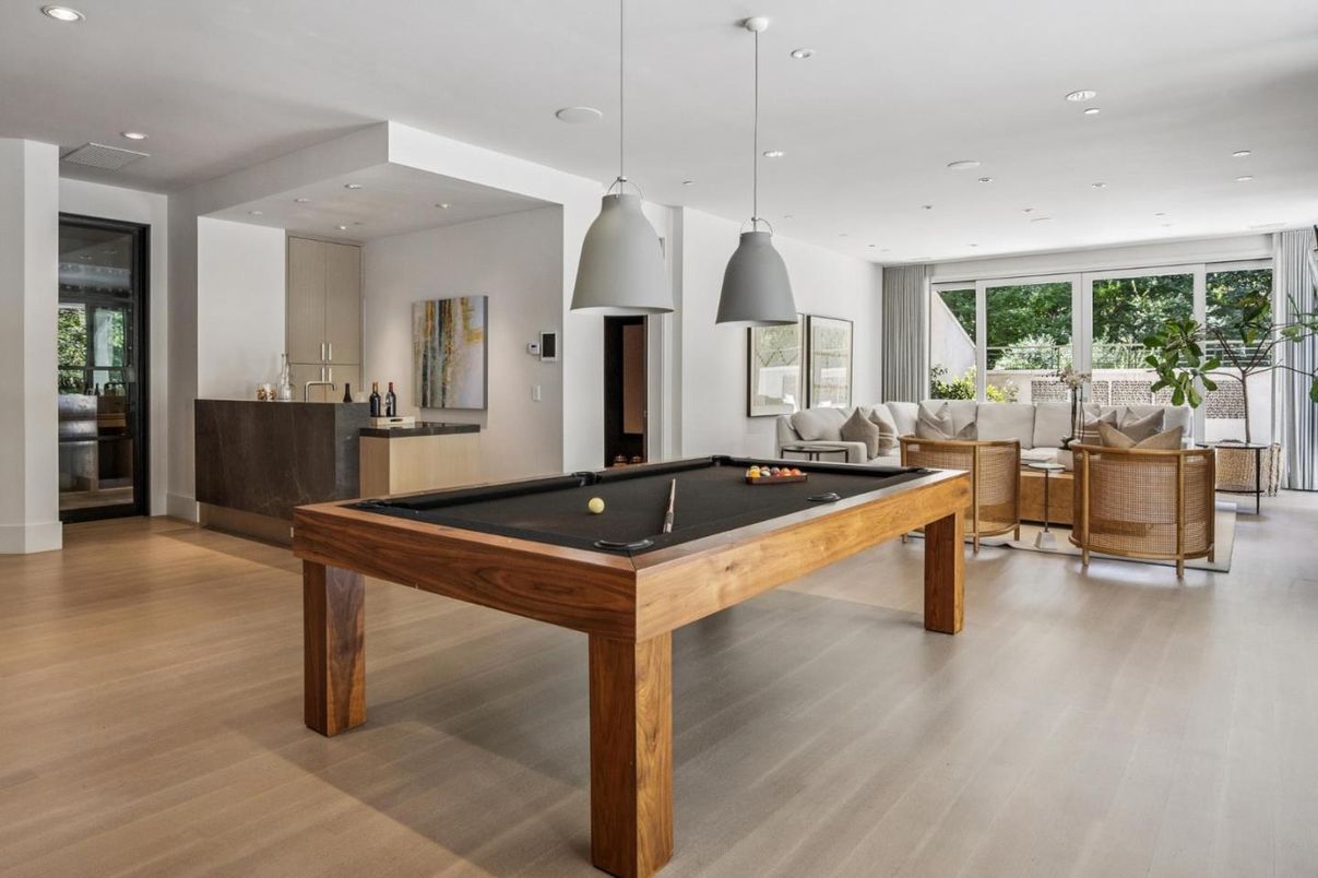 Billiard Table, Game Room, Interior, Living room, Pendant Lights, Recessed Lighting, Wood Texture Flooring