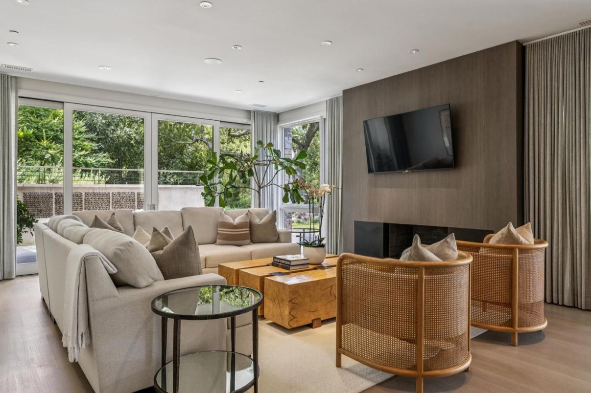 Fireplace, Interior, Living room, Recessed Lighting, Wood Texture Flooring