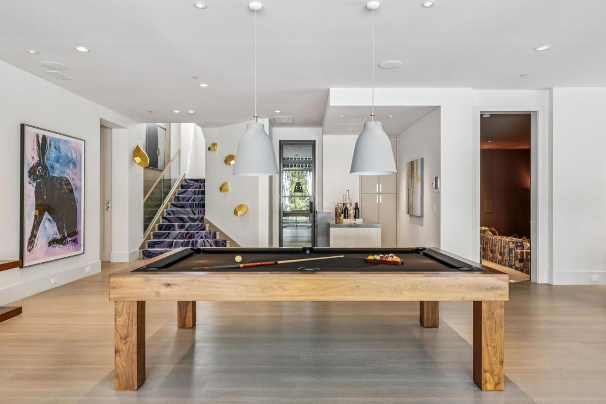 Billiard Table, Game Room, Interior, Pendant Lights, Recessed Lighting, Wood Texture Flooring