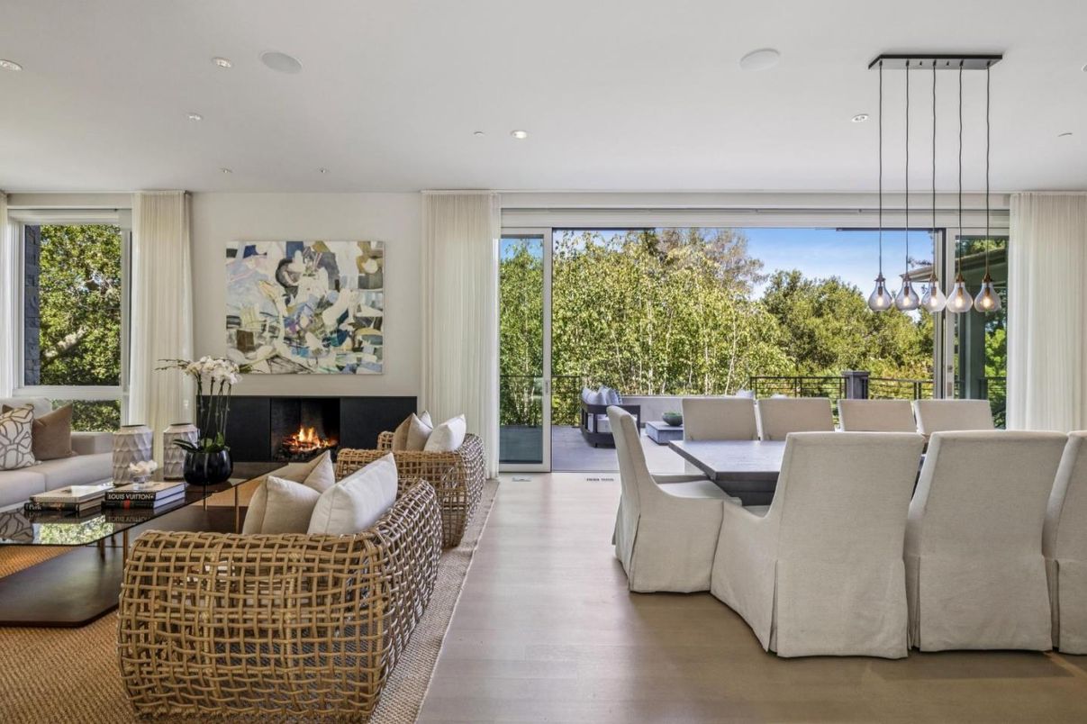 Dining room, Fireplace, Interior, Living room, Pendant Lights, Recessed Lighting, Wood Texture Flooring