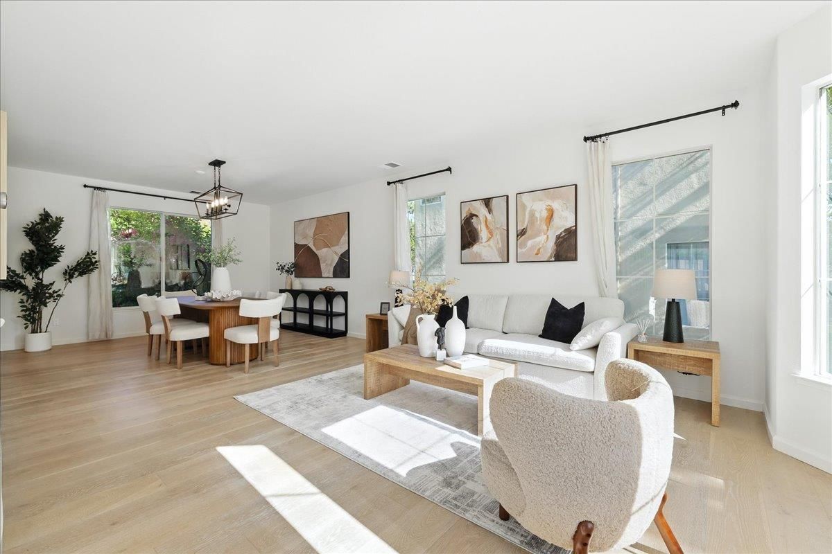 Dining room, Interior, Living room, Pendant Lights, Wood Texture Flooring