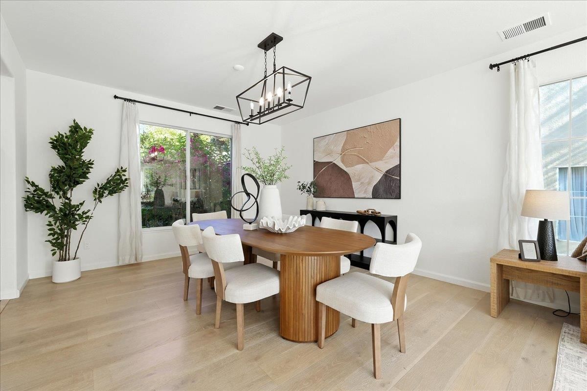 Dining room, Interior, Pendant Lights, Wood Texture Flooring