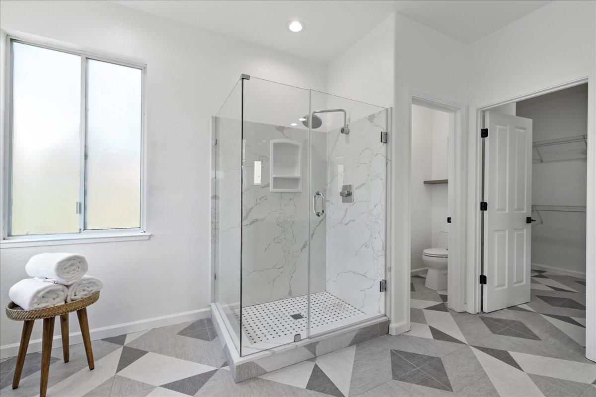 Bathroom, Glass Shower, Interior, Marble Walls, Recessed Lighting