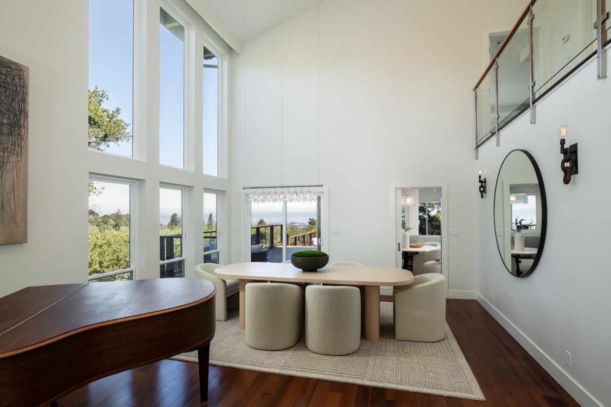 Dining room, Interior, Pendant Lights, Piano, Wood Texture Flooring