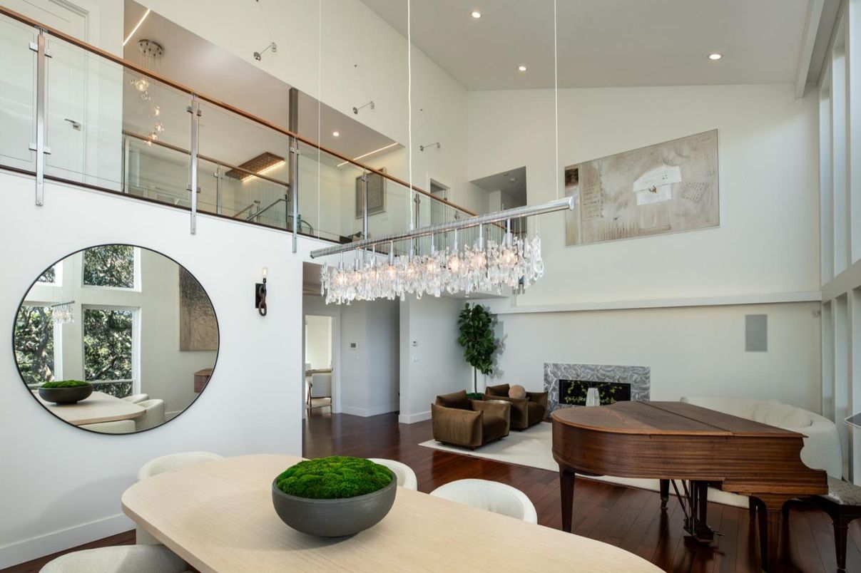 Chandelier, Fireplace, Interior, Piano, Recessed Lighting, Wood Texture Flooring