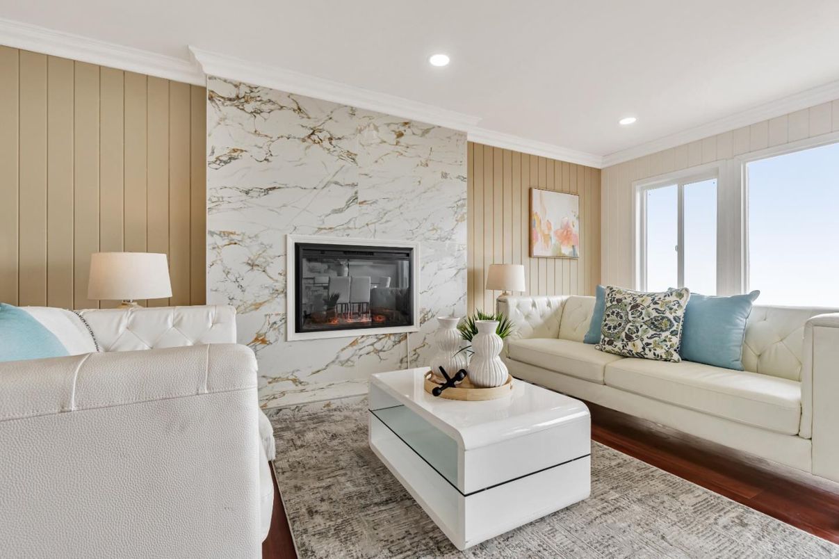 Fireplace, Interior, Living room, Marble Walls, Recessed Lighting, Wood Texture Flooring