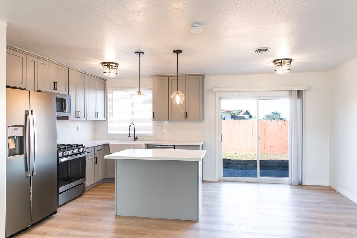 Interior, Kitchen, Pendant Lights, Stainless Steel Appliances, Wood Texture Flooring