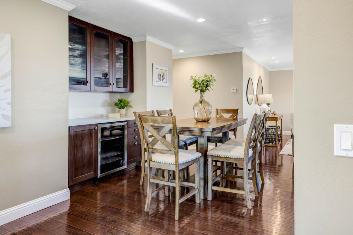 Dining room, Interior, Recessed Lighting, Wood Texture Flooring