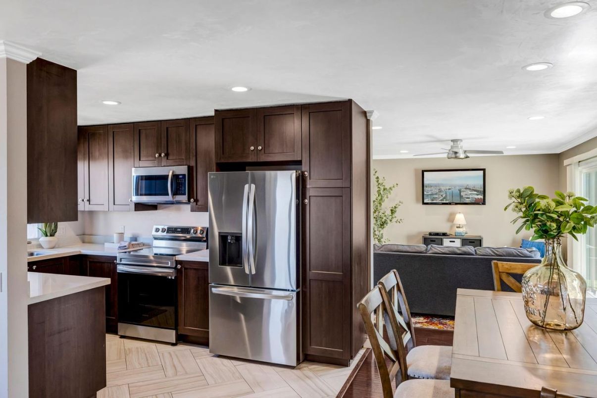 Interior, Kitchen, Living room, Recessed Lighting, Stainless Steel Appliances, Wood Texture Flooring