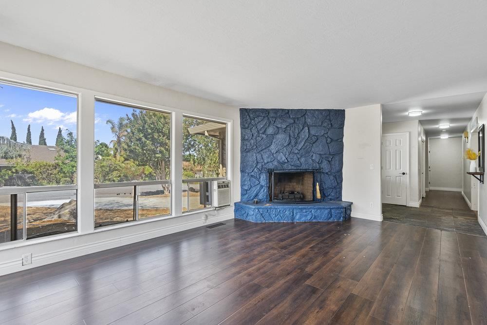 Empty room, Fireplace, Interior, Stone Walls, Wood Texture Flooring