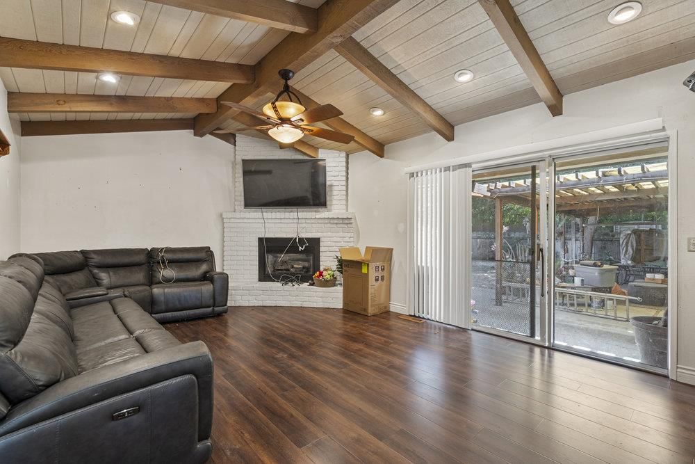 Fireplace, Interior, Living room, Recessed Lighting, Stone Walls, Wooden Beams, Wooden Ceilings, Wood Texture Flooring