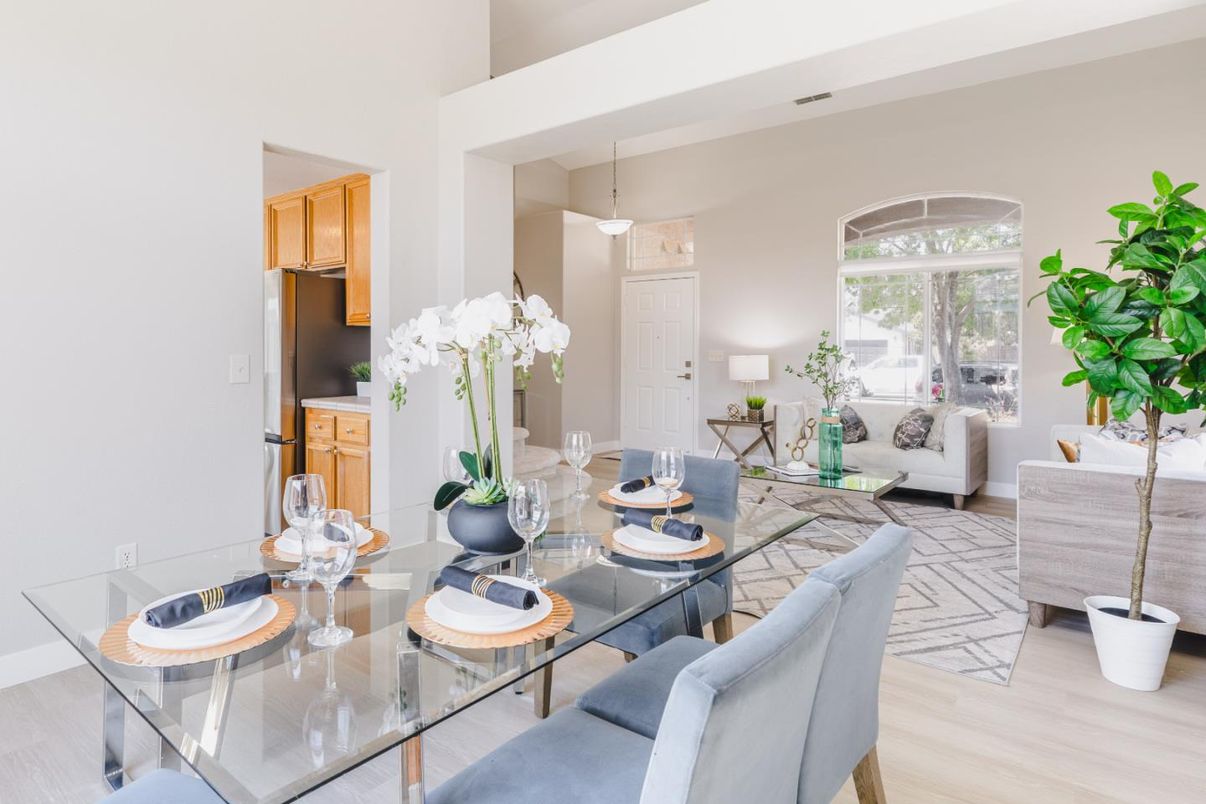 Dining room, Interior, Living room, Pendant Lights, Wood Texture Flooring