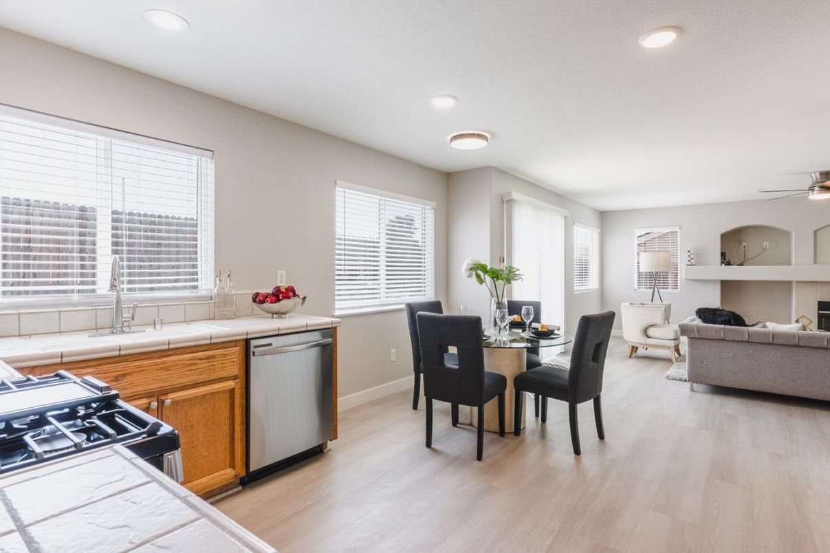 Dining room, Interior, Kitchen, Living room, Recessed Lighting, Wood Texture Flooring