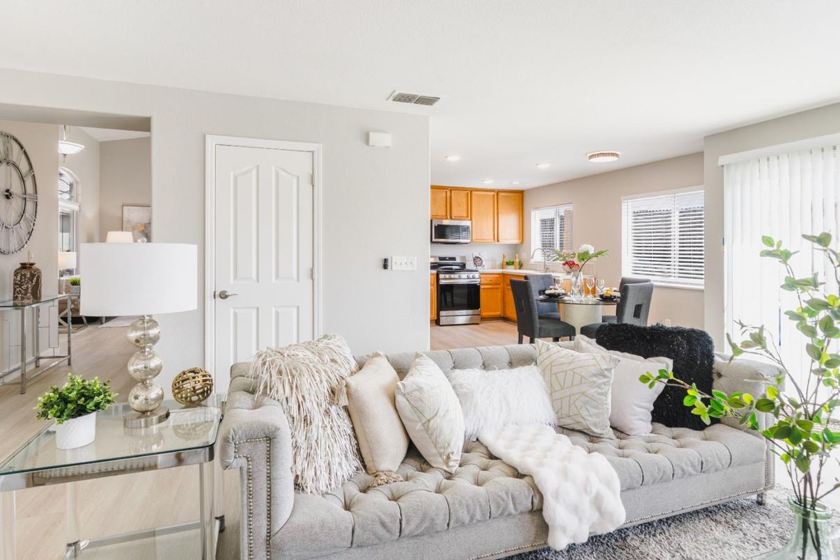 Dining room, Interior, Kitchen, Living room, Recessed Lighting, Stainless Steel Appliances, Wood Texture Flooring