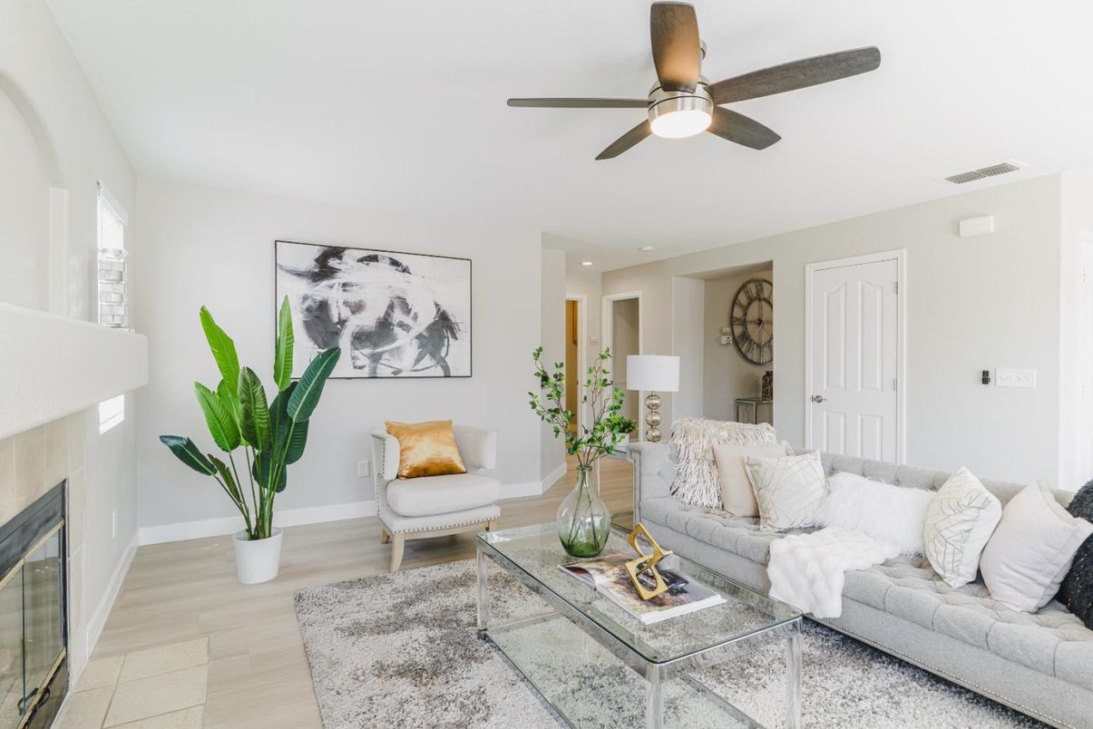 Fireplace, Interior, Living room, Recessed Lighting, Wood Texture Flooring