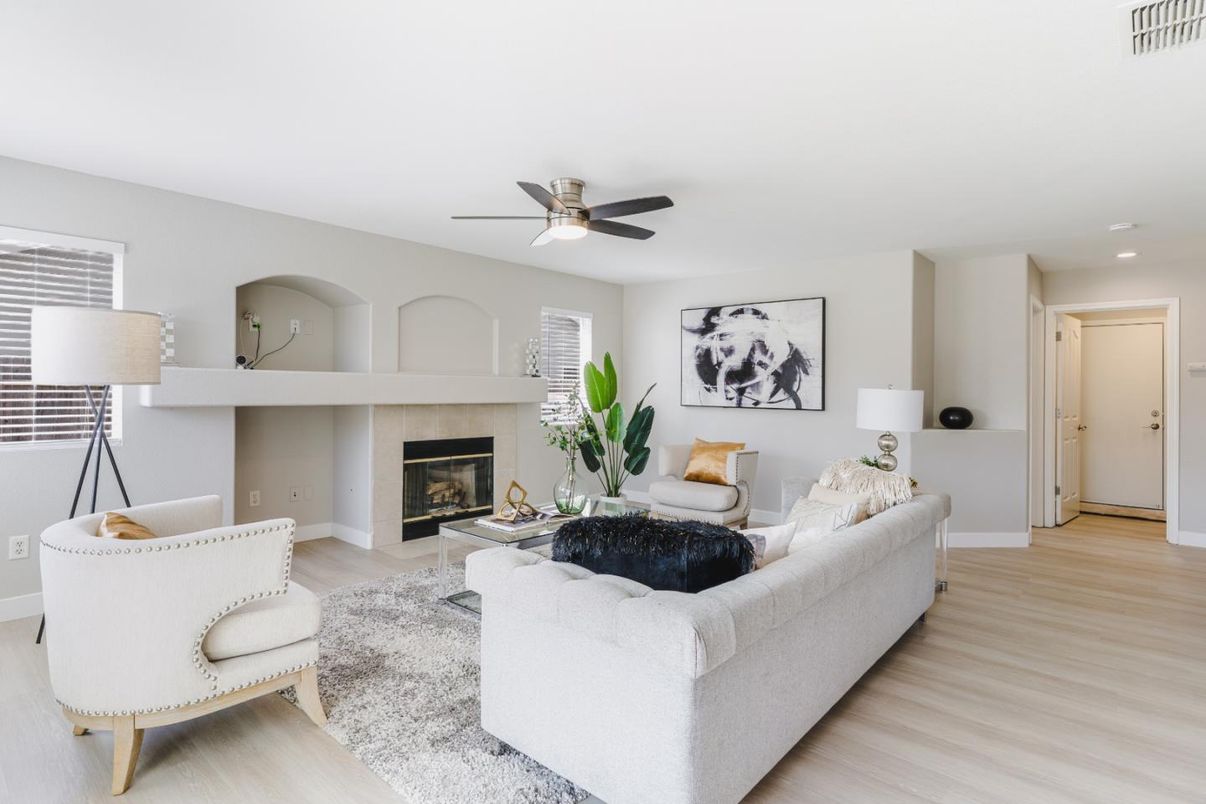 Fireplace, Interior, Living room, Recessed Lighting, Wood Texture Flooring