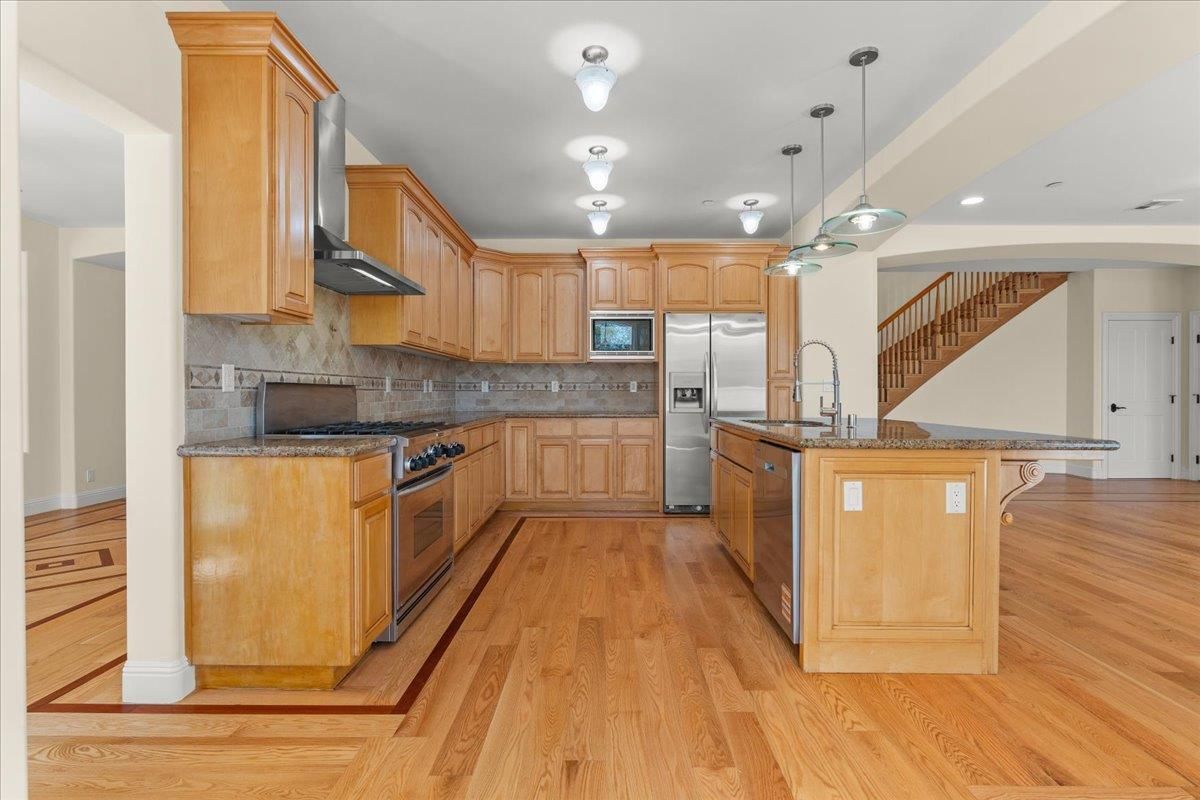 Interior, Kitchen, Pendant Lights, Recessed Lighting, Stainless Steel Appliances, Wood Texture Flooring