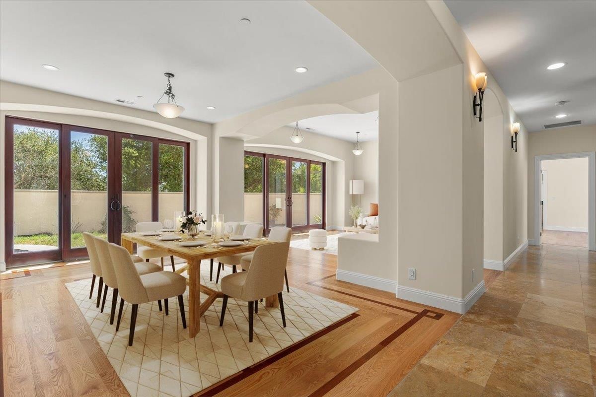 Dining room, Interior, Pendant Lights, Recessed Lighting, Wood Texture Flooring