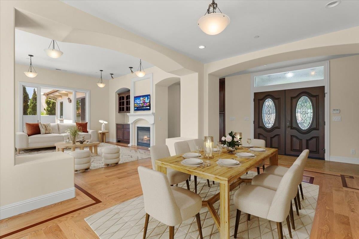 Dining room, Fireplace, Interior, Living room, Pendant Lights, Recessed Lighting, Wood Texture Flooring