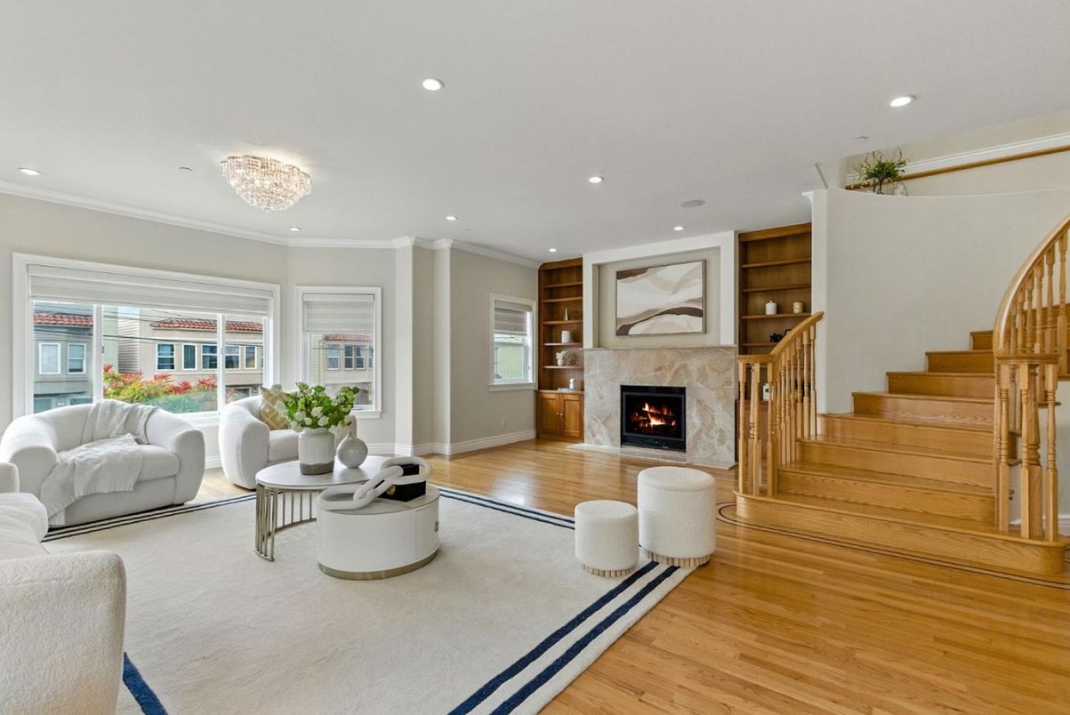 Chandelier, Fireplace, Interior, Living room, Recessed Lighting, Wood Texture Flooring