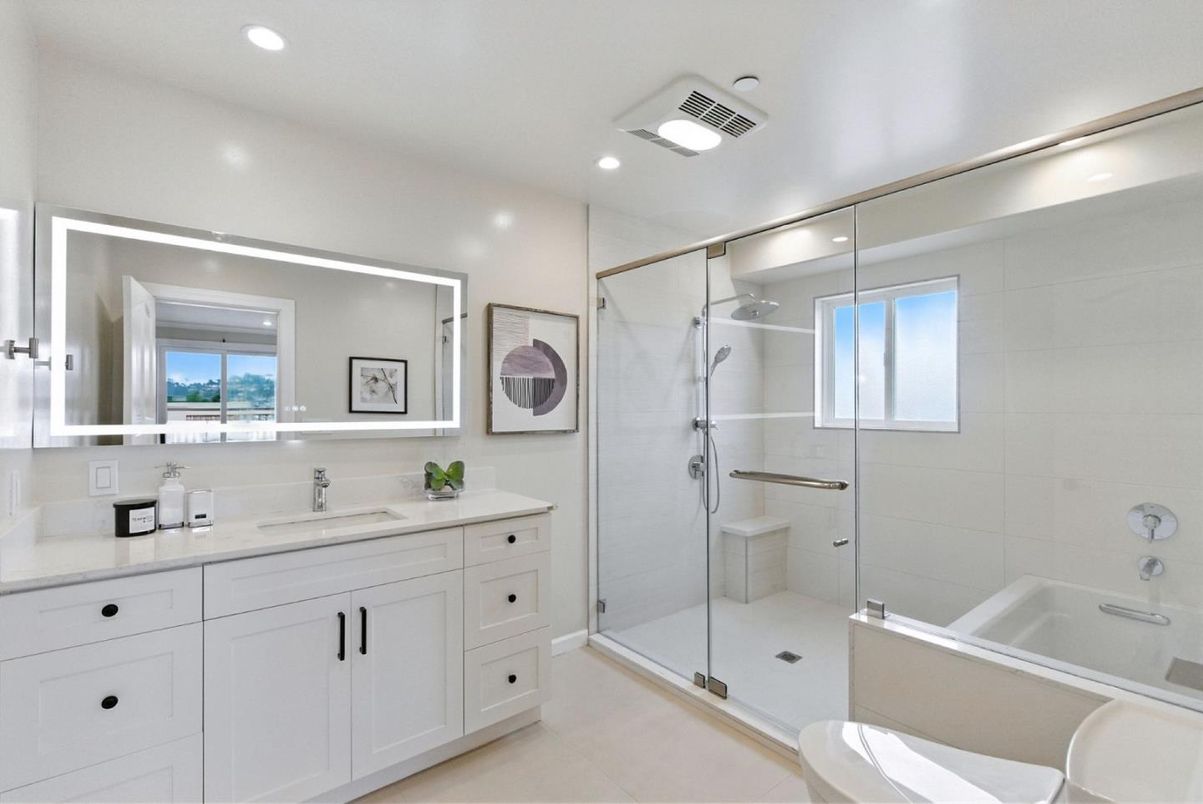 Bathroom, Dual Sink Vanities, Glass Shower, Interior, Recessed Lighting