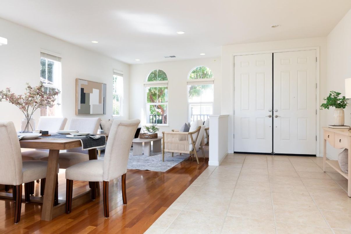 Dining room, Interior, Living room, Recessed Lighting, Wood Texture Flooring