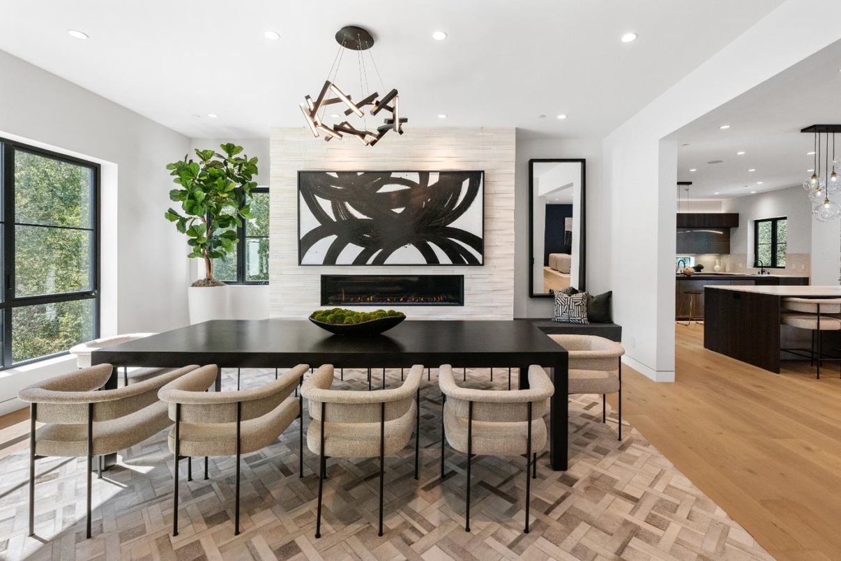 Dining room, Fireplace, Interior, Kitchen, Pendant Lights, Recessed Lighting, Wood Texture Flooring
