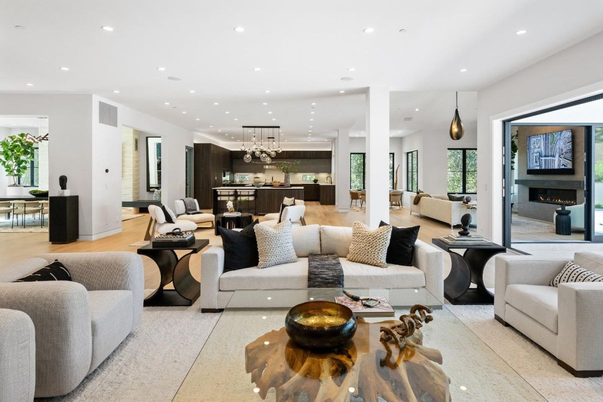 Dining room, Fireplace, Interior, Kitchen, Living room, Pendant Lights, Recessed Lighting, Wood Texture Flooring