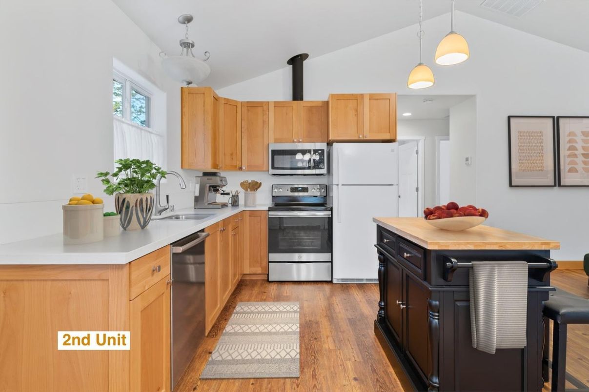 Interior, Kitchen, Pendant Lights, Recessed Lighting, Stainless Steel Appliances, Wood Texture Flooring