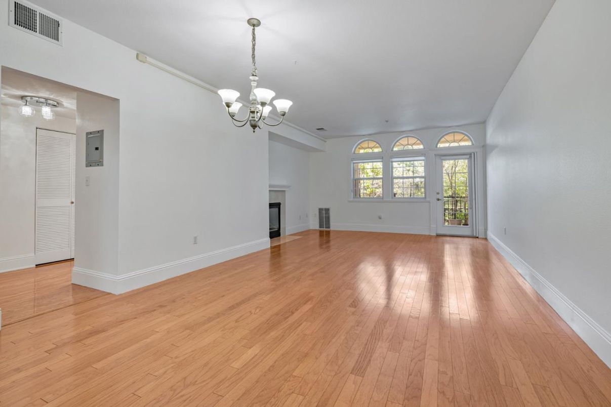Chandelier, Empty room, Fireplace, Interior, Wood Texture Flooring