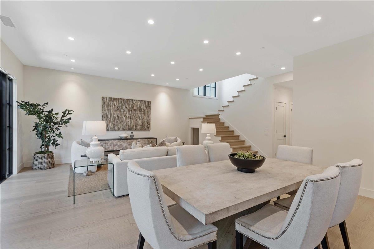 Dining room, Interior, Living room, Recessed Lighting, Wood Texture Flooring