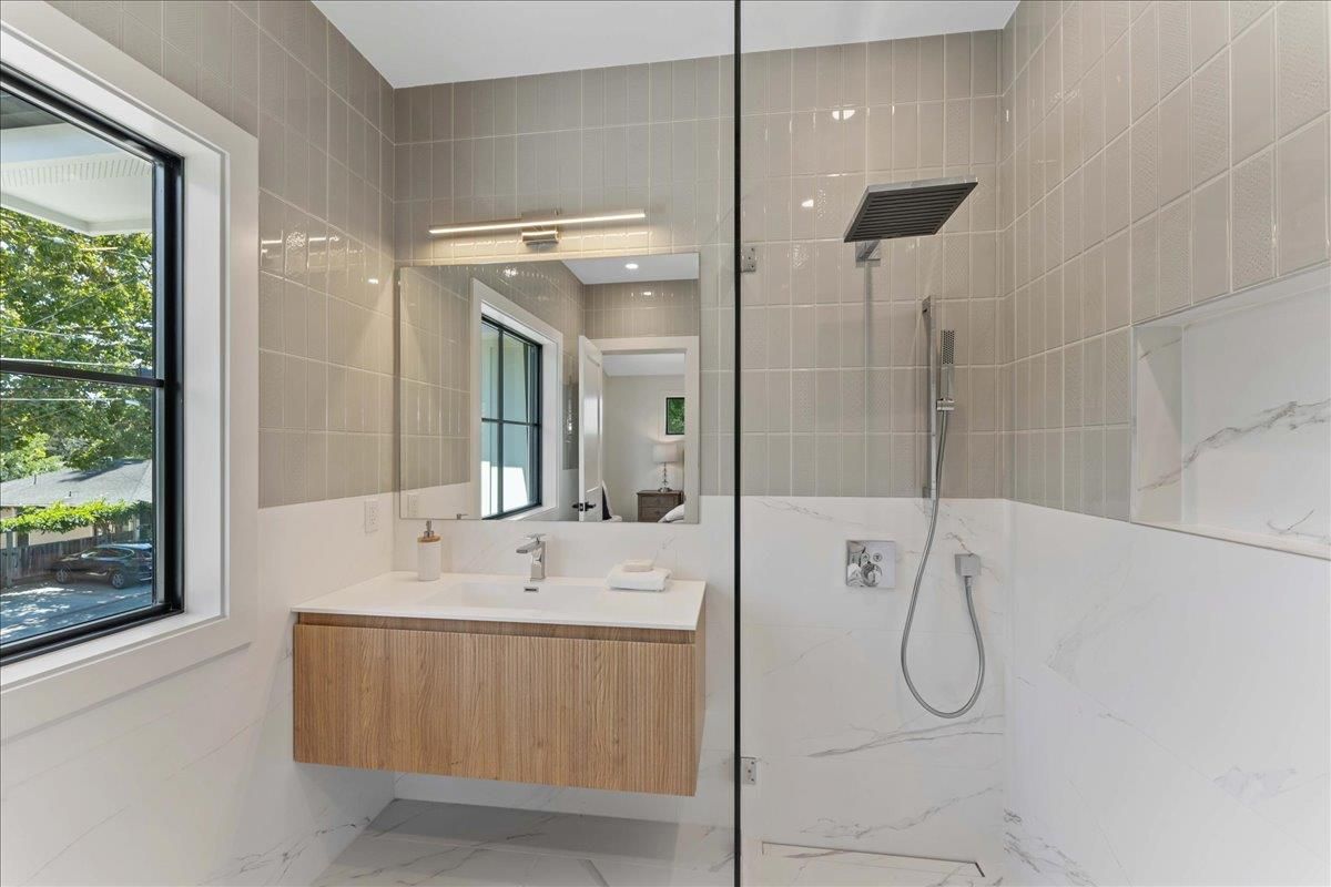 Bathroom, Glass Shower, Interior, Marble, Marble Walls, Recessed Lighting