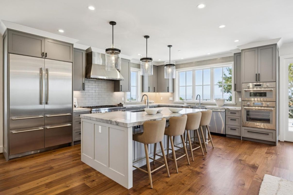 Interior, Kitchen, Pendant Lights, Recessed Lighting, Stainless Steel Appliances, Wood Texture Flooring