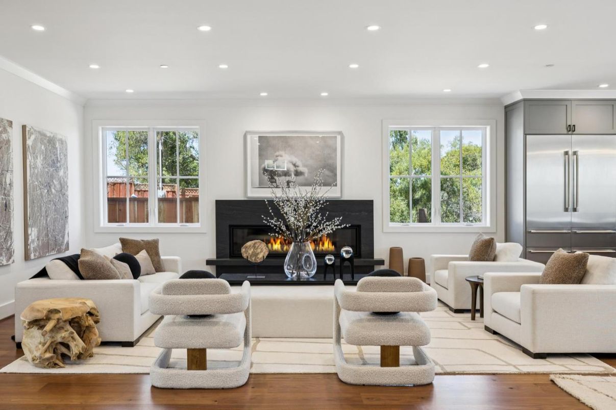 Fireplace, Interior, Living room, Recessed Lighting, Wood Texture Flooring