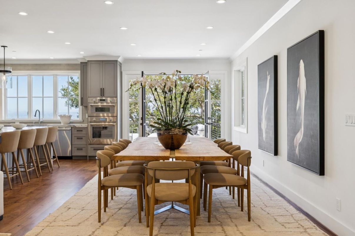 Dining room, Interior, Kitchen, Pendant Lights, Recessed Lighting, Stainless Steel Appliances, Wood Texture Flooring