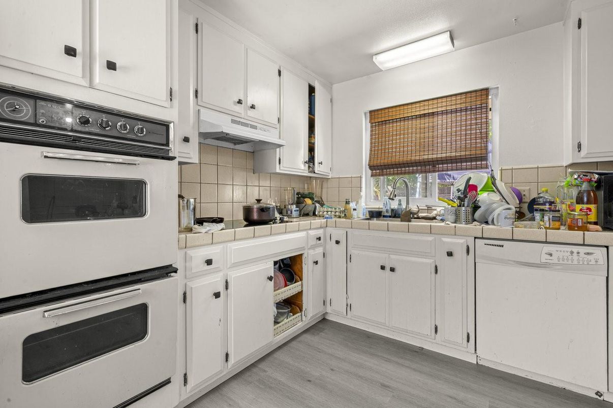 Interior, Kitchen, Tile Countertops, Wood Texture Flooring