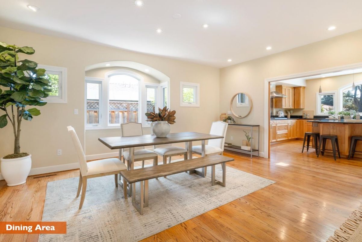 Dining room, Interior, Kitchen, Recessed Lighting, Wood Texture Flooring