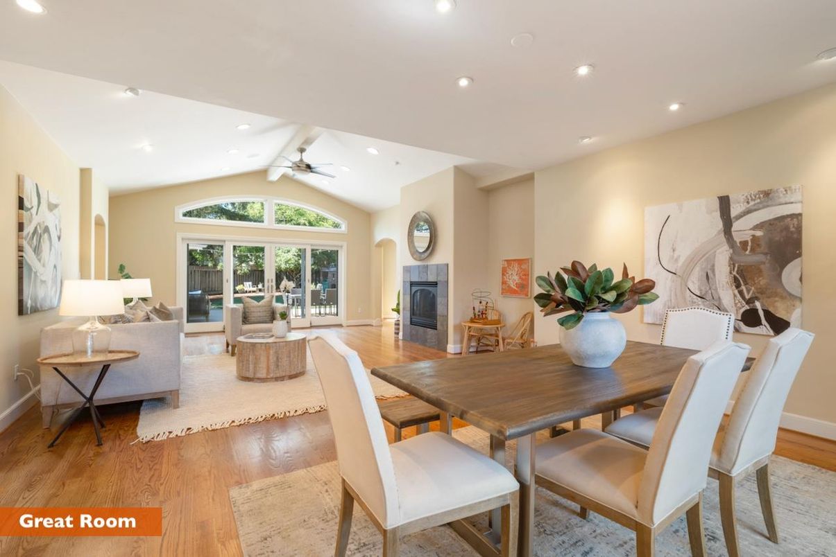 Dining room, Fireplace, Interior, Living room, Recessed Lighting, Wood Texture Flooring