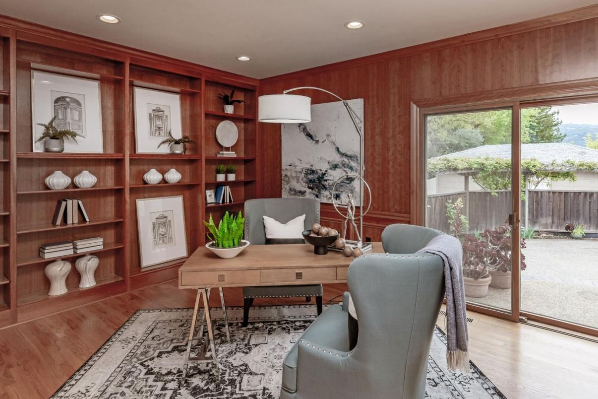 Home Office, Interior, Recessed Lighting, Wood Texture Flooring, Wooden Walls