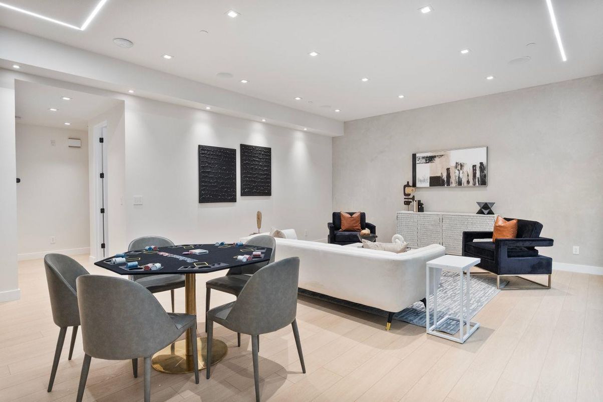 Dining room, Interior, Living room, Recessed Lighting, Wood Texture Flooring