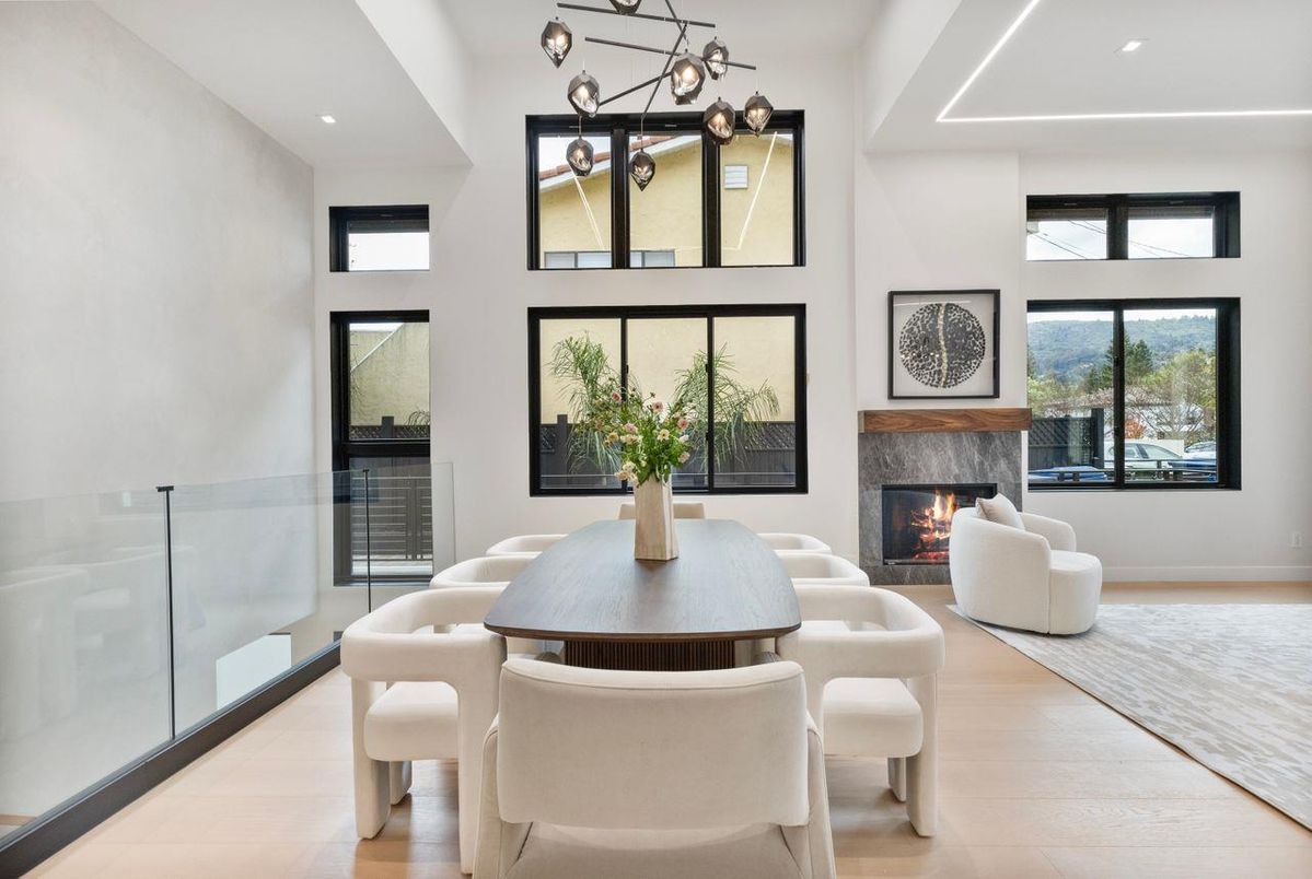 Dining room, Fireplace, Interior, Living room, Pendant Lights, Recessed Lighting, Wood Texture Flooring