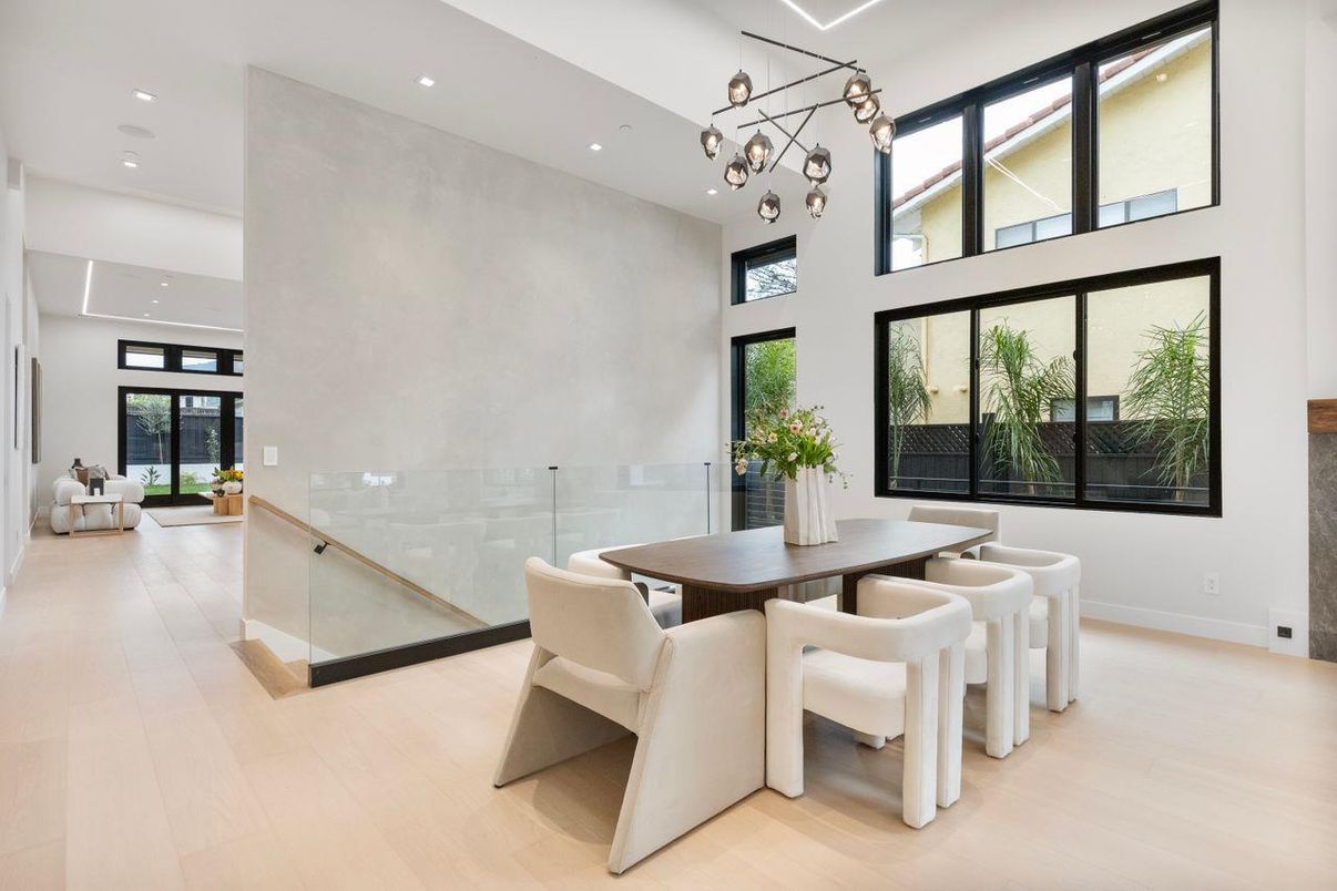 Dining room, Interior, Pendant Lights, Recessed Lighting, Wood Texture Flooring