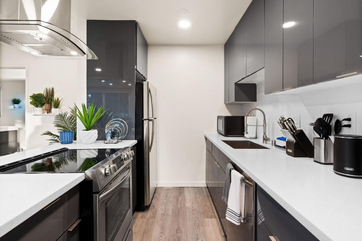 Interior, Kitchen, Recessed Lighting, Stainless Steel Appliances, Wood Texture Flooring
