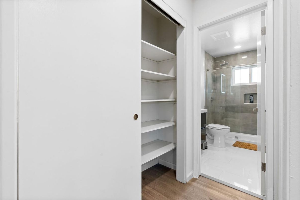 Bathroom, Glass Shower, Interior, Recessed Lighting, Wood Texture Flooring