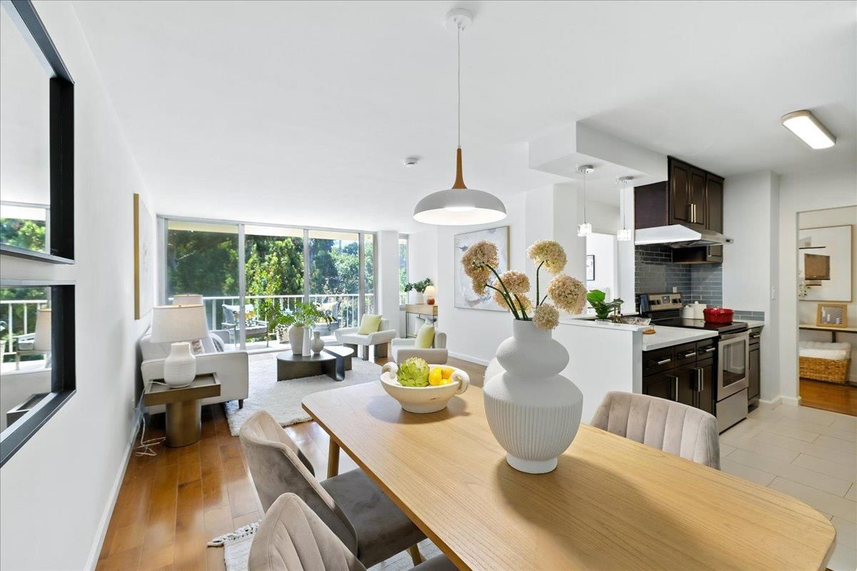 Dining room, Interior, Kitchen, Living room, Pendant Lights, Stainless Steel Appliances, Wood Texture Flooring