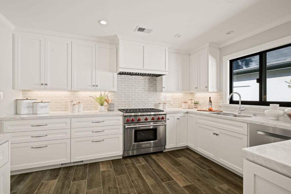 Interior, Kitchen, Recessed Lighting, Stainless Steel Appliances, Wood Texture Flooring