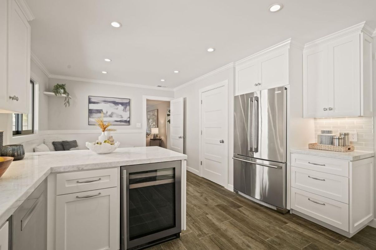 Interior, Kitchen, Recessed Lighting, Stainless Steel Appliances, Wood Texture Flooring